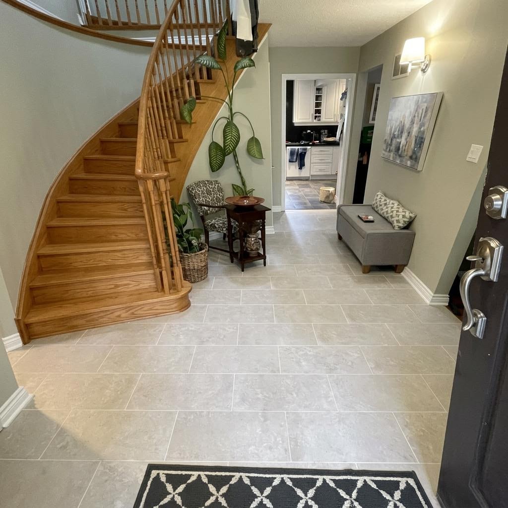 Foyer after — new large-format light grey porcelain tile