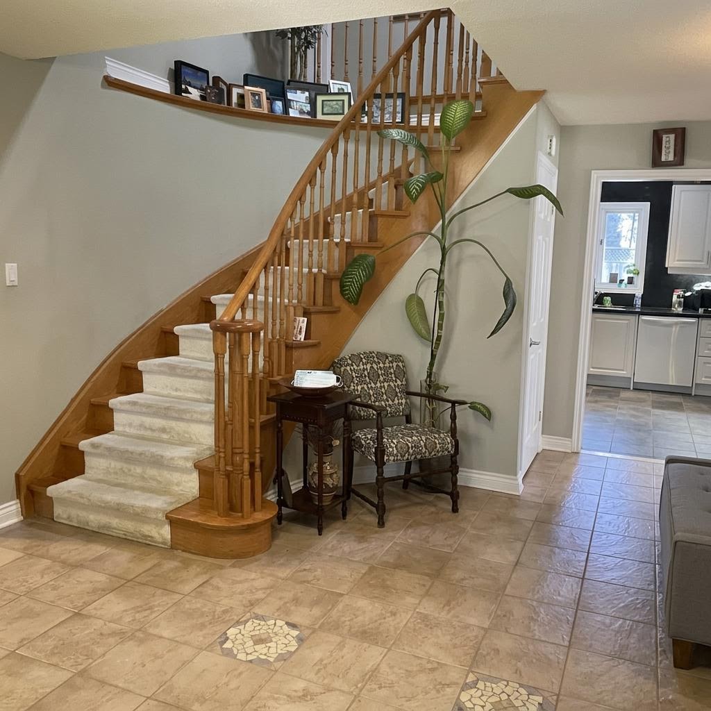 Foyer before — original small-format tile with mosaic medallion