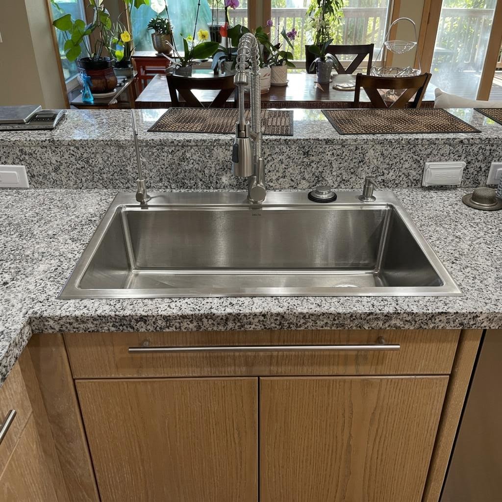 Modern deep single-basin sink with pull-down faucet after replacement