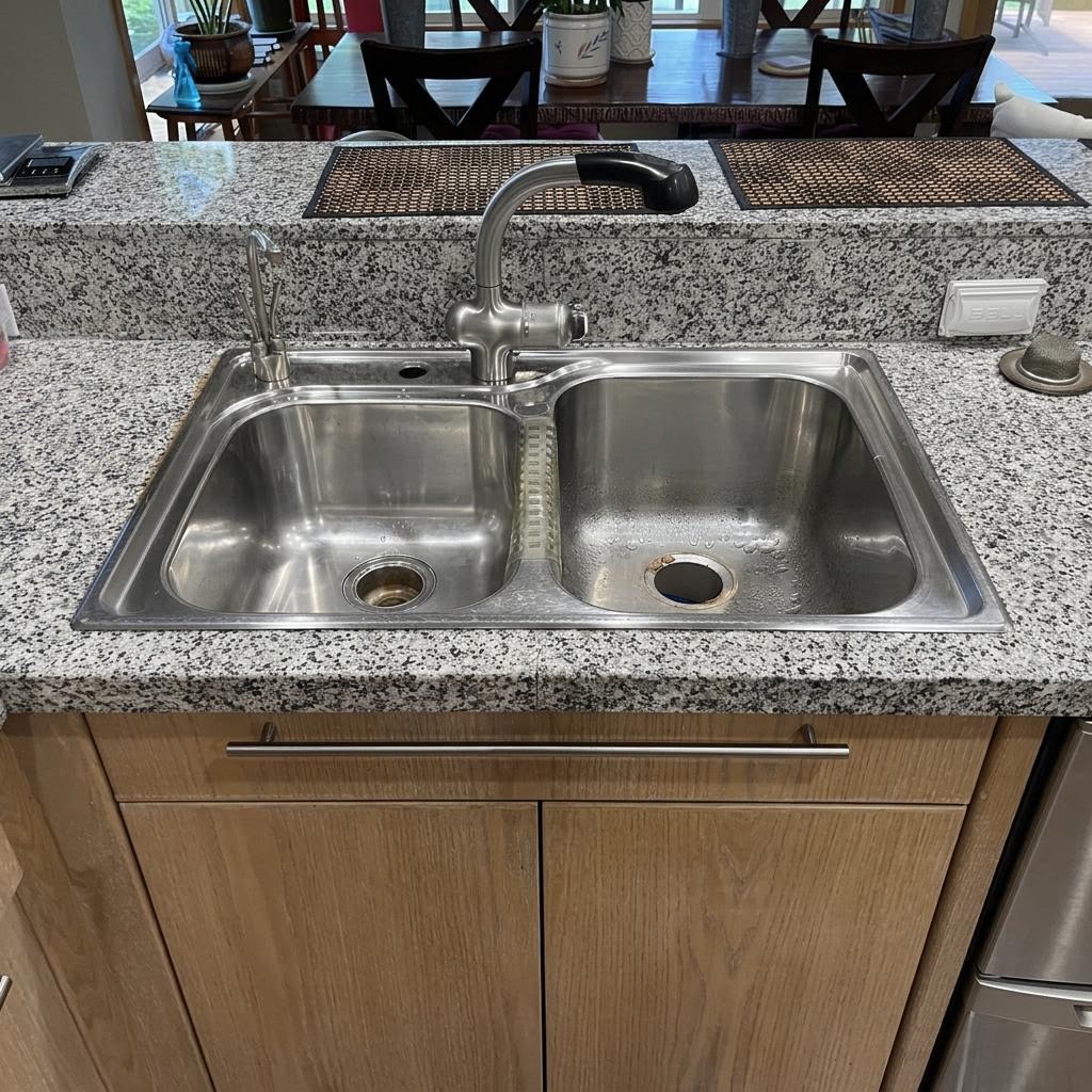 Dated double-basin kitchen sink before replacement